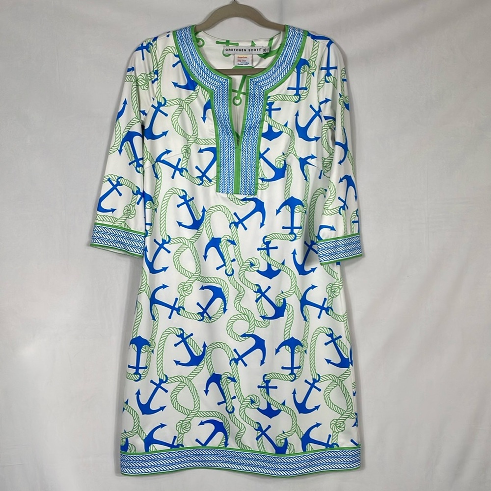 Gretchen Scott Tunic Dress Size M Blue And Green Anchor Print EUC
